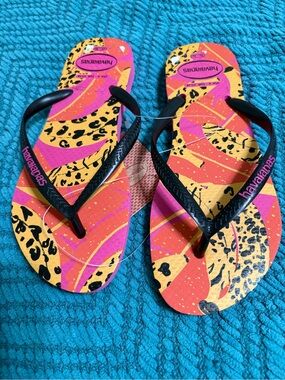 Havaianas Hot Pink Animal Print Flip Flops with Black Straps